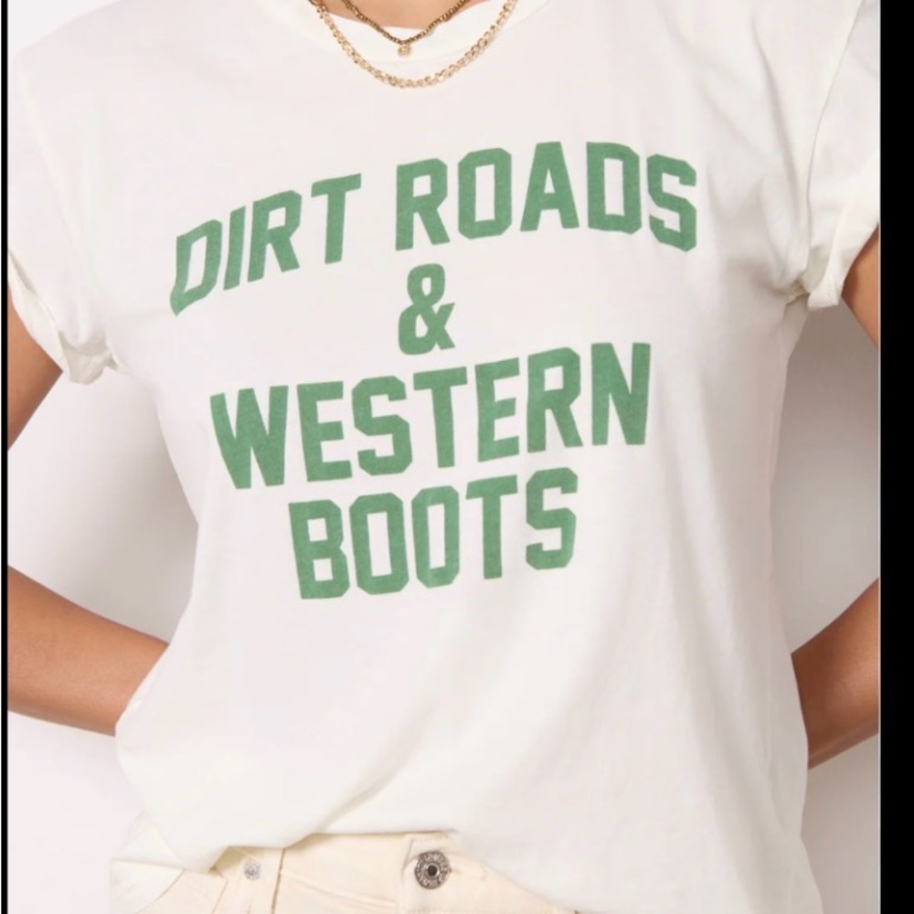 Women's White Graphic Tee with Green 'Dirt Roads & Western Boots'